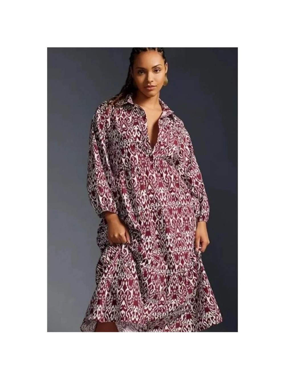 Maeve Bettina Tiered Shirt Dress from Anthropologie in a burgundy ikat print.S. - Picture 2 of 11